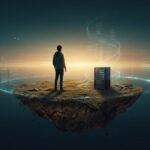 AI 시대 온라인에 만든 나만의 서버 - 떠 있는 땅 위에 홀로 선 사람과 서버를 표현한 일러스트