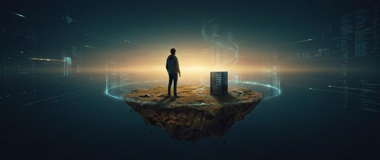 AI 시대 온라인에 만든 나만의 서버 - 떠 있는 땅 위에 홀로 선 사람과 서버를 표현한 일러스트
