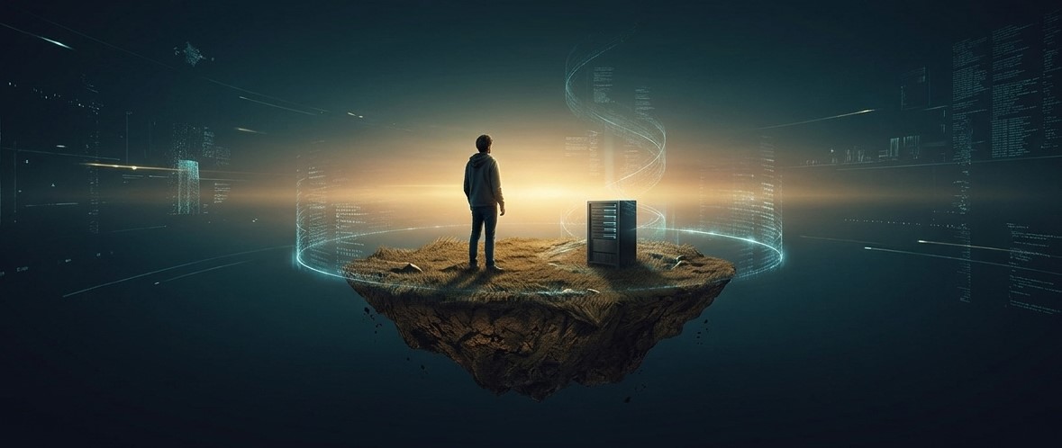 AI 시대 온라인에 만든 나만의 서버 - 떠 있는 땅 위에 홀로 선 사람과 서버를 표현한 일러스트