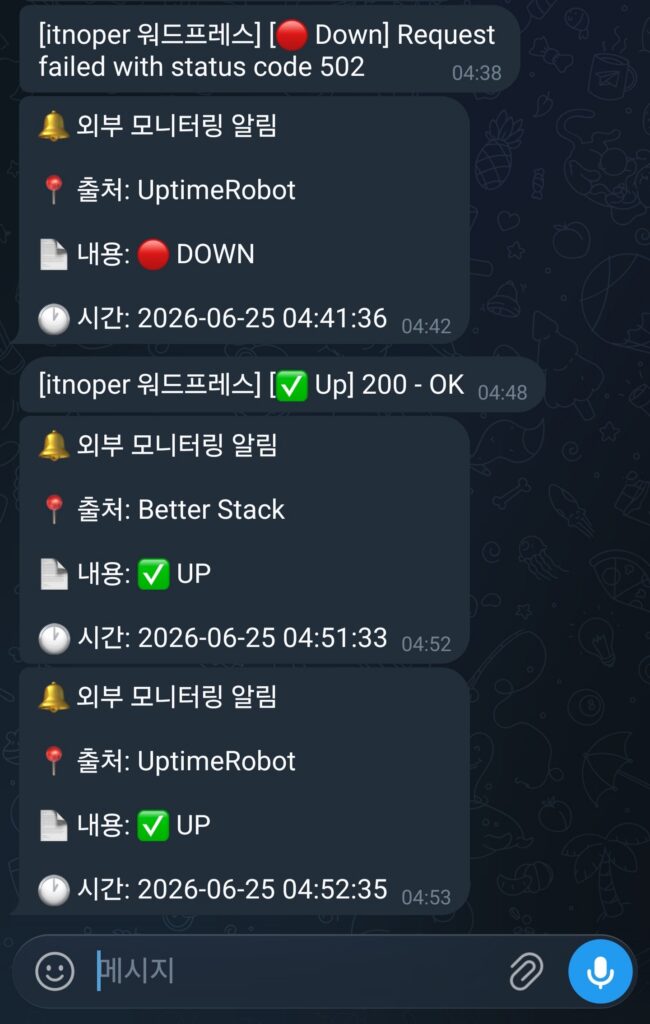 n8n이 외부 모니터링 이메일을 받아 출처·상태(DOWN/UP)·시간으로 가공해 보낸 텔레그램 알림. 맨 위에는 쿠마 알림이 먼저 도착해 있음