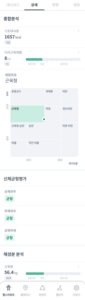 인바디 H40 앱 상세 화면 - 체형좌표, 신체균형평가, 다리근육레벨 등 측정 항목