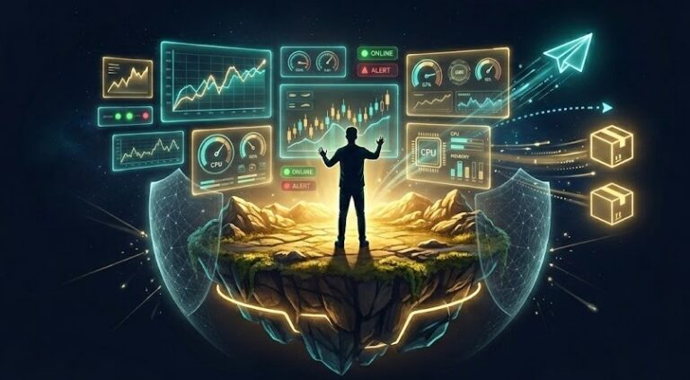 떠 있는 섬 위에서 실시간 그래프·게이지·상태등 홀로그램과 보호막을 바라보는 사람 - 업타임 쿠마와 넷데이터로 서버를 24시간 모니터링하는 모습을 표현한 일러스트