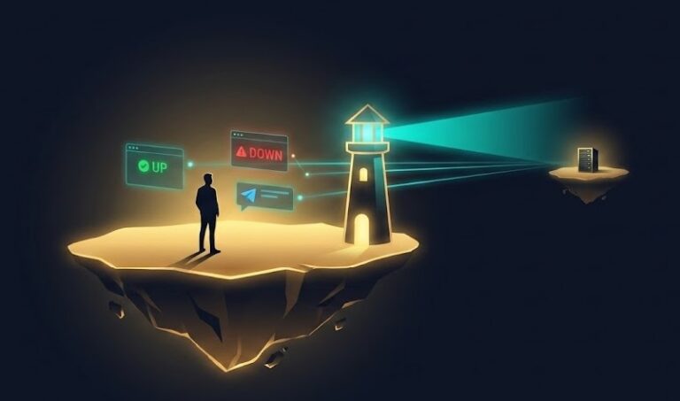 떠 있는 섬 위에서 등대로 멀리 있는 또 다른 섬(서버)을 비추며 가동 상태(UP·DOWN) 홀로그램을 지켜보는 사람 - 외부 모니터링으로 서버를 안팎에서 이중 감시하는 모습을 표현한 일러스트
