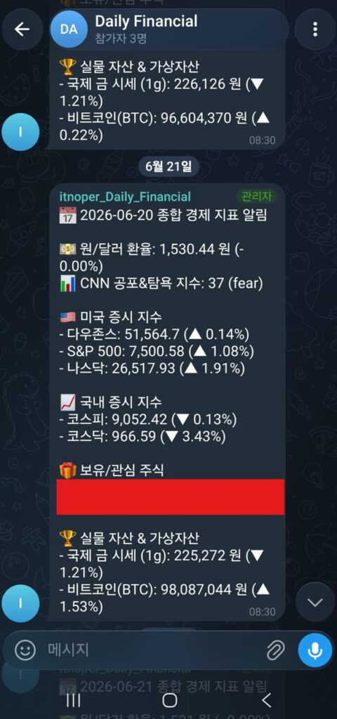 텔레그램으로 매일 아침 받는 종합 경제 지표 알림 - 환율, 공포탐욕지수, 미국·국내 증시, 금, 비트코인