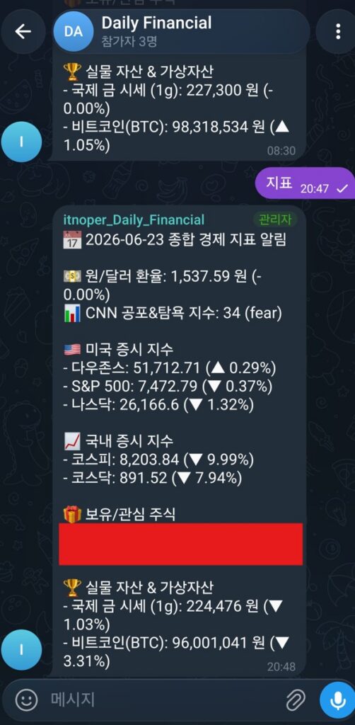 텔레그램에 "지표"라고 입력하자 즉시 경제지표 메시지가 응답으로 오는 화면