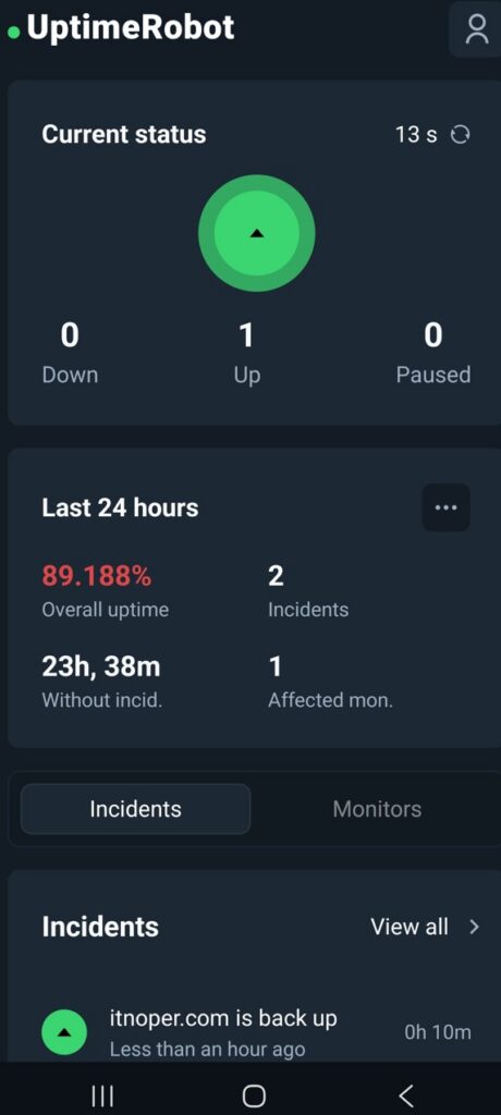 UptimeRobot 폰 앱 대시보드, itnoper.com 가동률과 인시던트가 한눈에 보이는 화면