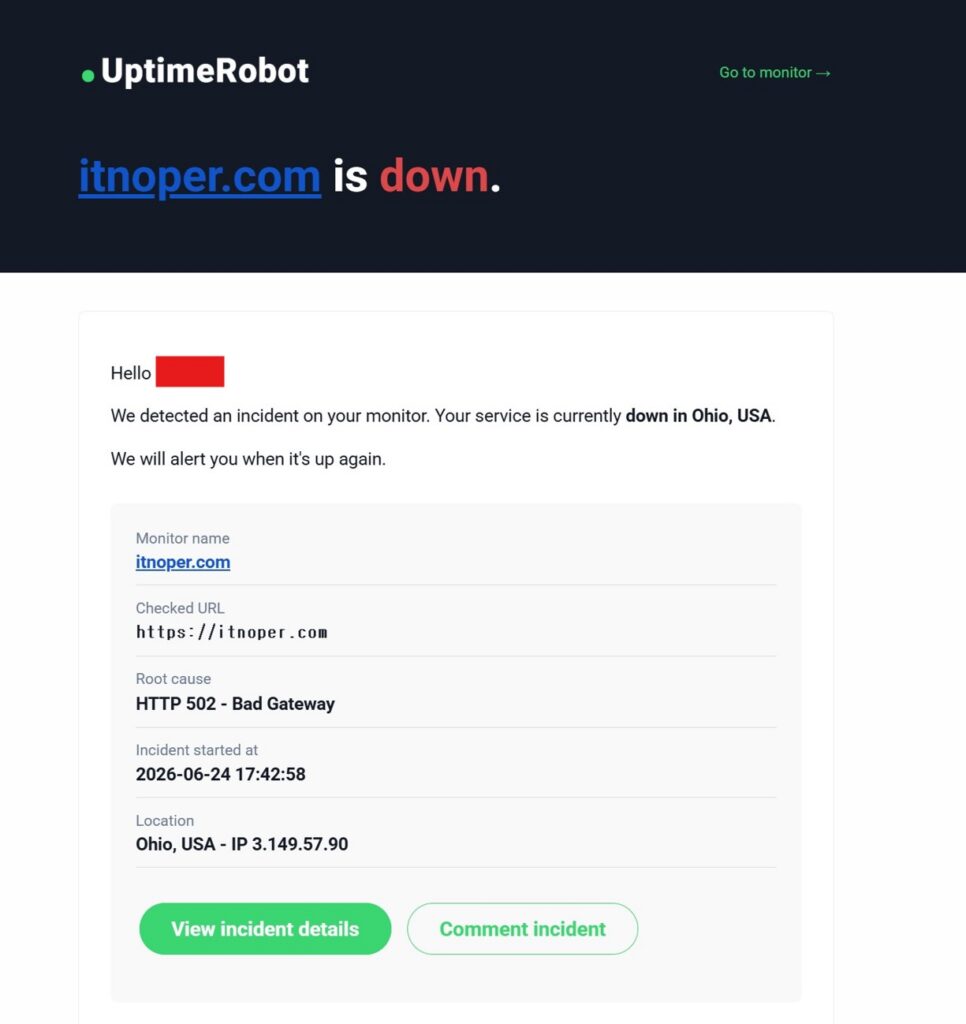 UptimeRobot이 보낸 itnoper.com 다운 알림 이메일, HTTP 502 Bad Gateway 원인 표시