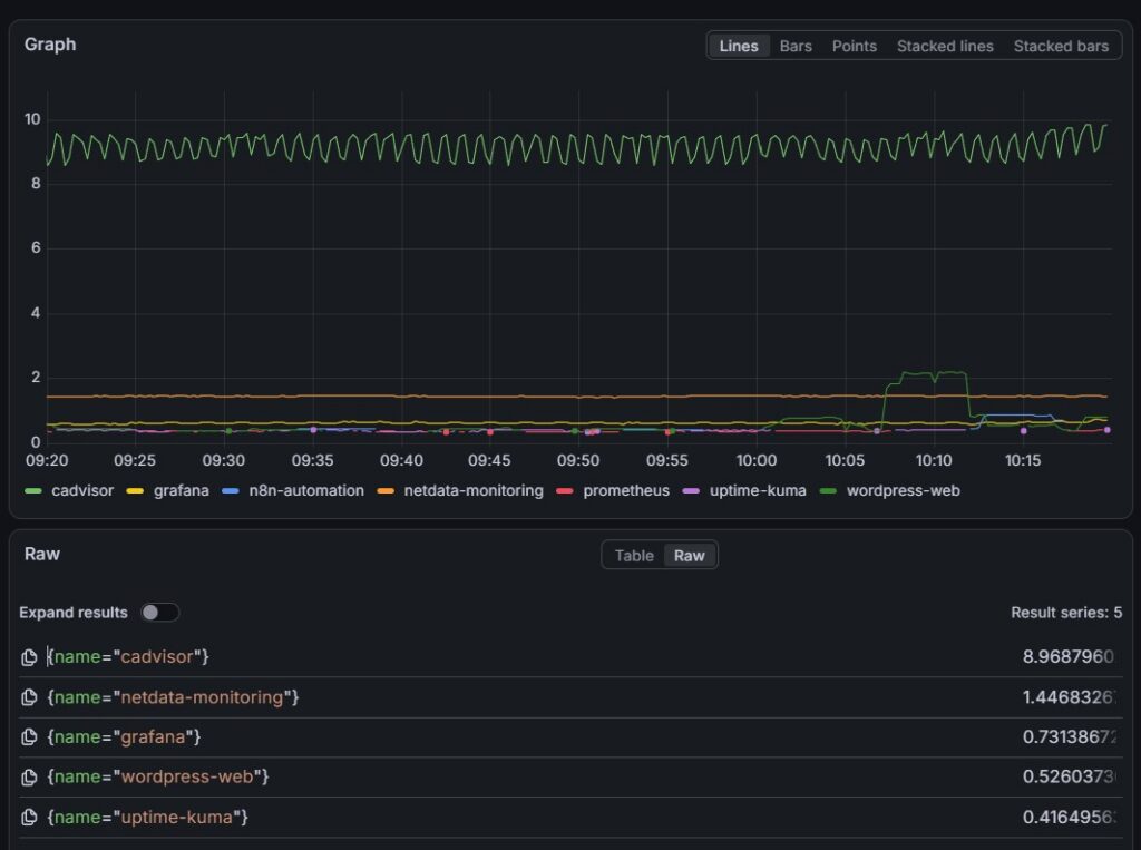 그라파나에서 확인한 컨테이너별 CPU 사용량 순위 - cAdvisor가 8.97%로 1위, 넷데이터가 2위