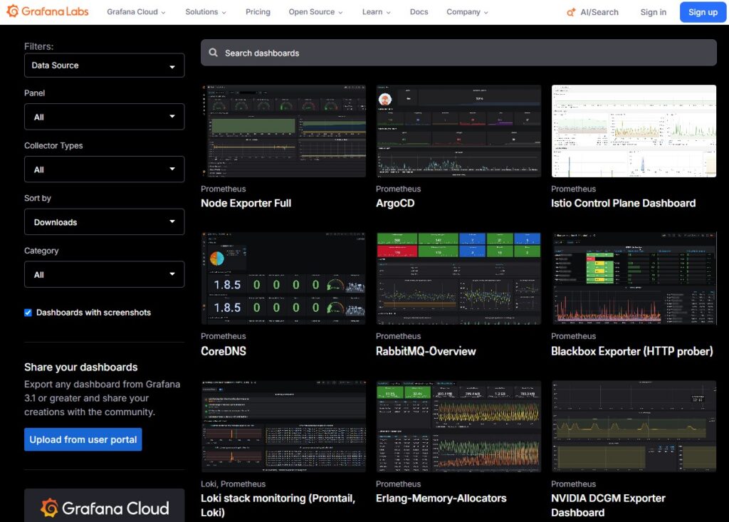 그라파나 공식 대시보드 갤러리에 Node Exporter Full, ArgoCD, CoreDNS 등 수천 개의 공유 대시보드가 나열된 화면