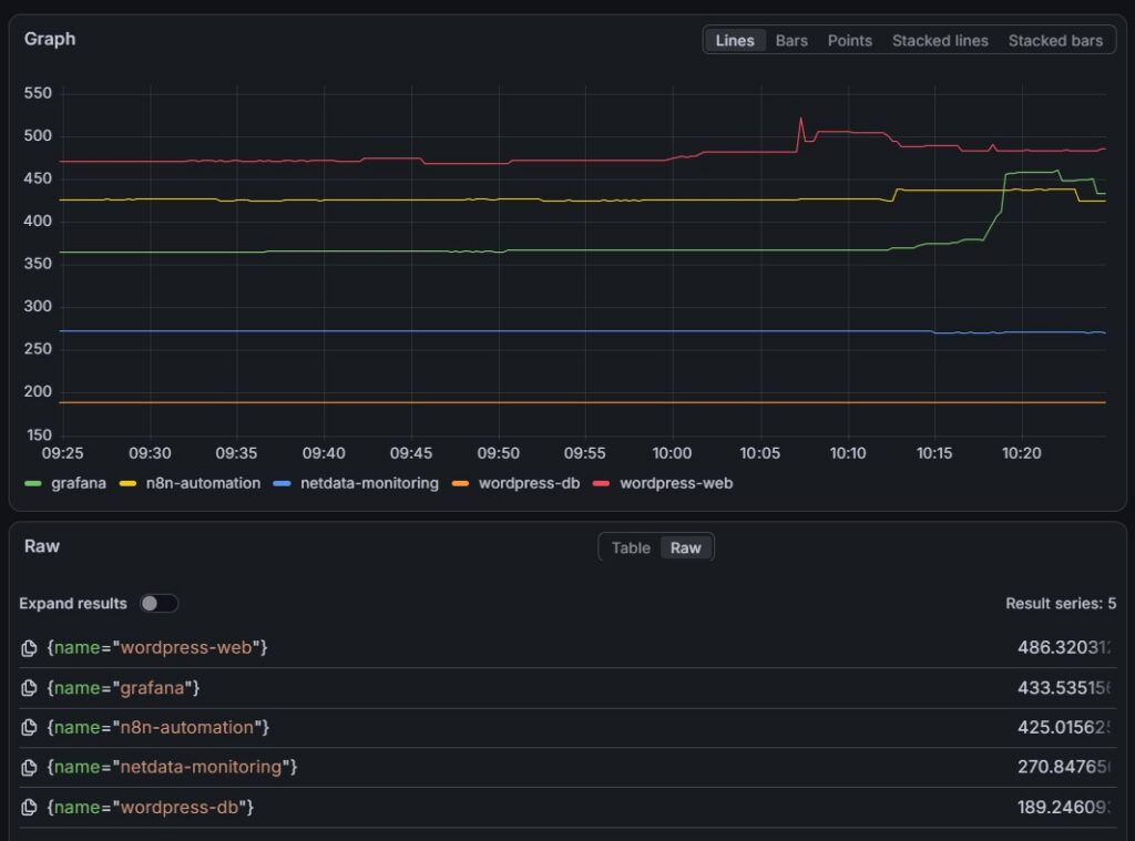 그라파나에서 확인한 컨테이너별 메모리 사용량 순위 - wordpress-web이 1위, cAdvisor는 순위 밖
