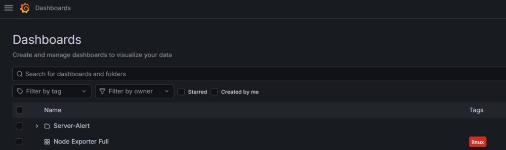 내 그라파나에 Node Exporter Full 대시보드와 Server-Alert 폴더가 불러와져 목록에 표시된 화면