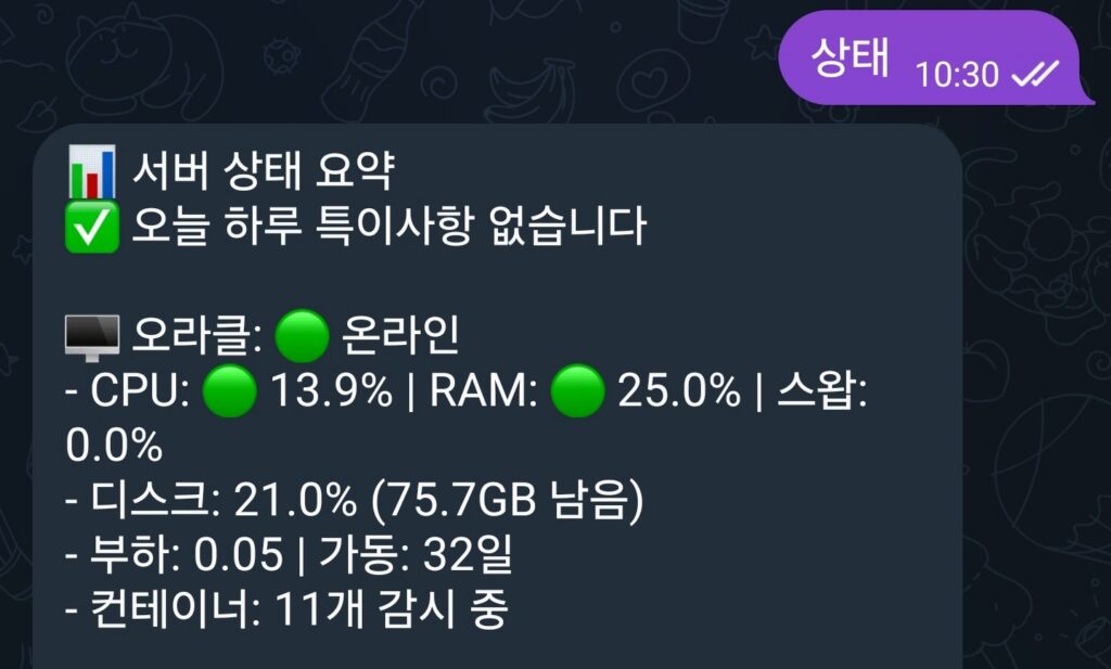 텔레그램 상태봇이 보여준 오라클 서버 여유 수치 - CPU 13.9%, RAM 25%, 디스크 75.7GB 남음