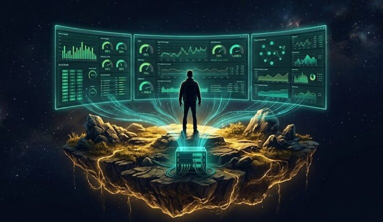 떠 있는 섬 위에서 서버 대시보드가 뜬 세 개의 관제 화면을 바라보는 사람 - 그라파나·프로메테우스·노드 익스포터로 서버 상태를 감시하는 관제실을 표현한 일러스트