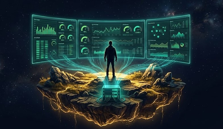 떠 있는 섬 위에서 서버 대시보드가 뜬 세 개의 관제 화면을 바라보는 사람 - 그라파나·프로메테우스·노드 익스포터로 서버 상태를 감시하는 관제실을 표현한 일러스트