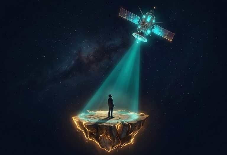 떠 있는 섬 위에 선 사람과, 멀리 위성처럼 떠서 서로를 티얼빛으로 감시하는 두 번째 섬 - GCP 무료 인스턴스로 교차 감시를 구축한 이야기를 표현한 일러스트